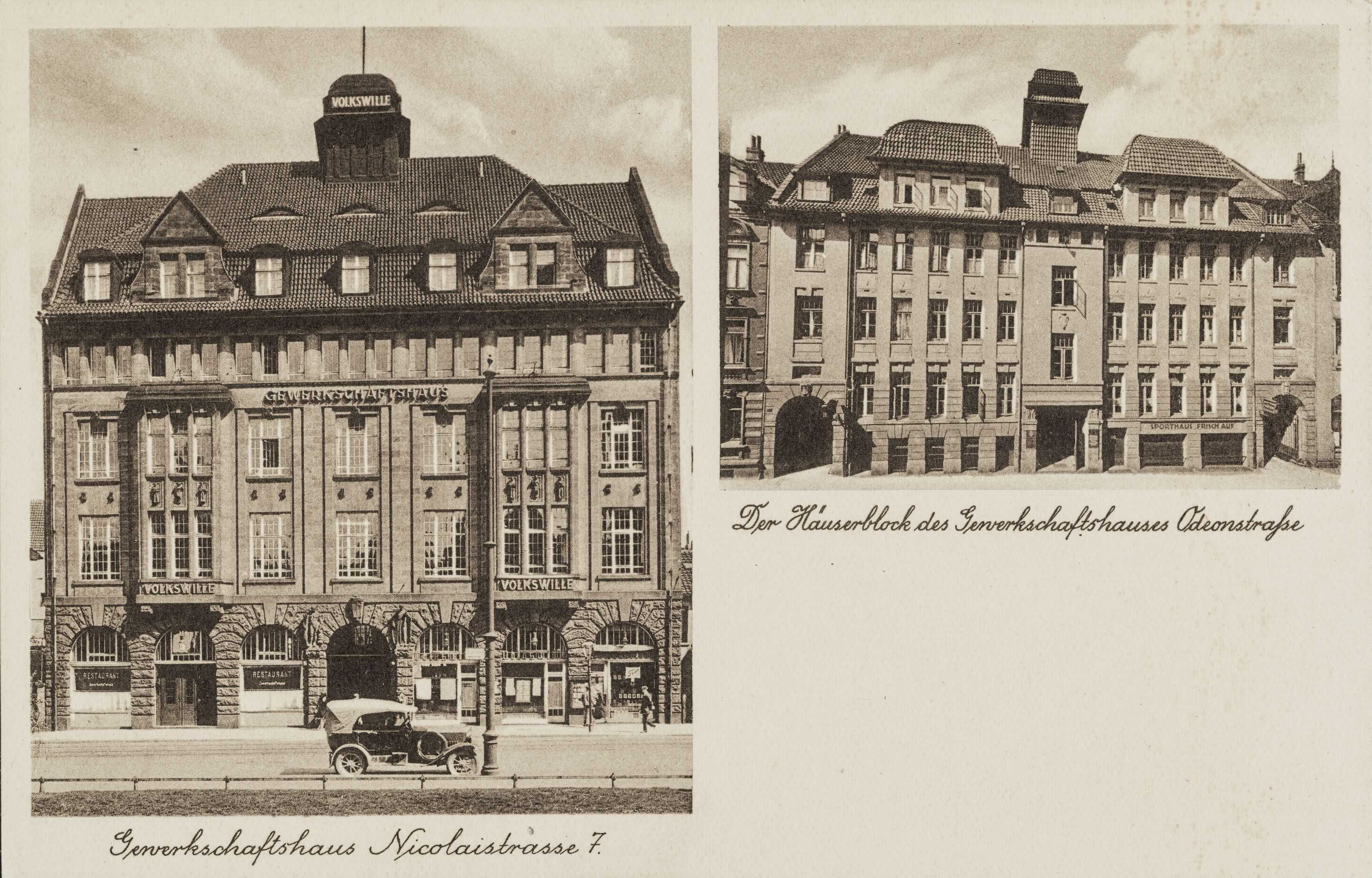 Im Laufe der Jahre wurden weitere Nachbargebäude hinzugekauft. Von der Odeonstraße bis zur Nikolaistraße (heute Goseriedeplatz) ergab sich ein großer Gebäudekomplex, der über Hinterhöfe miteinander verbunden war. Am 1.4.1933 besetzten Nationalsozialisten das Gebäude – es war das erste Gewerkschaftsgebäude in Deutschland, das auf diese Weise besetzt wurde. Es diente bis 1945 als Zentrale der „Deutschen Arbeitsfront“ und anderer NS-Organisationen. Nach dem Ende der NS-Terrorherrschaft wurde das Gebäude an die Gewerkschaften zurückgegeben. Der Bundesvorstand der SPD hatte bis 1954 seinen Sitz im Nachbarhaus in der Odeonstraße.