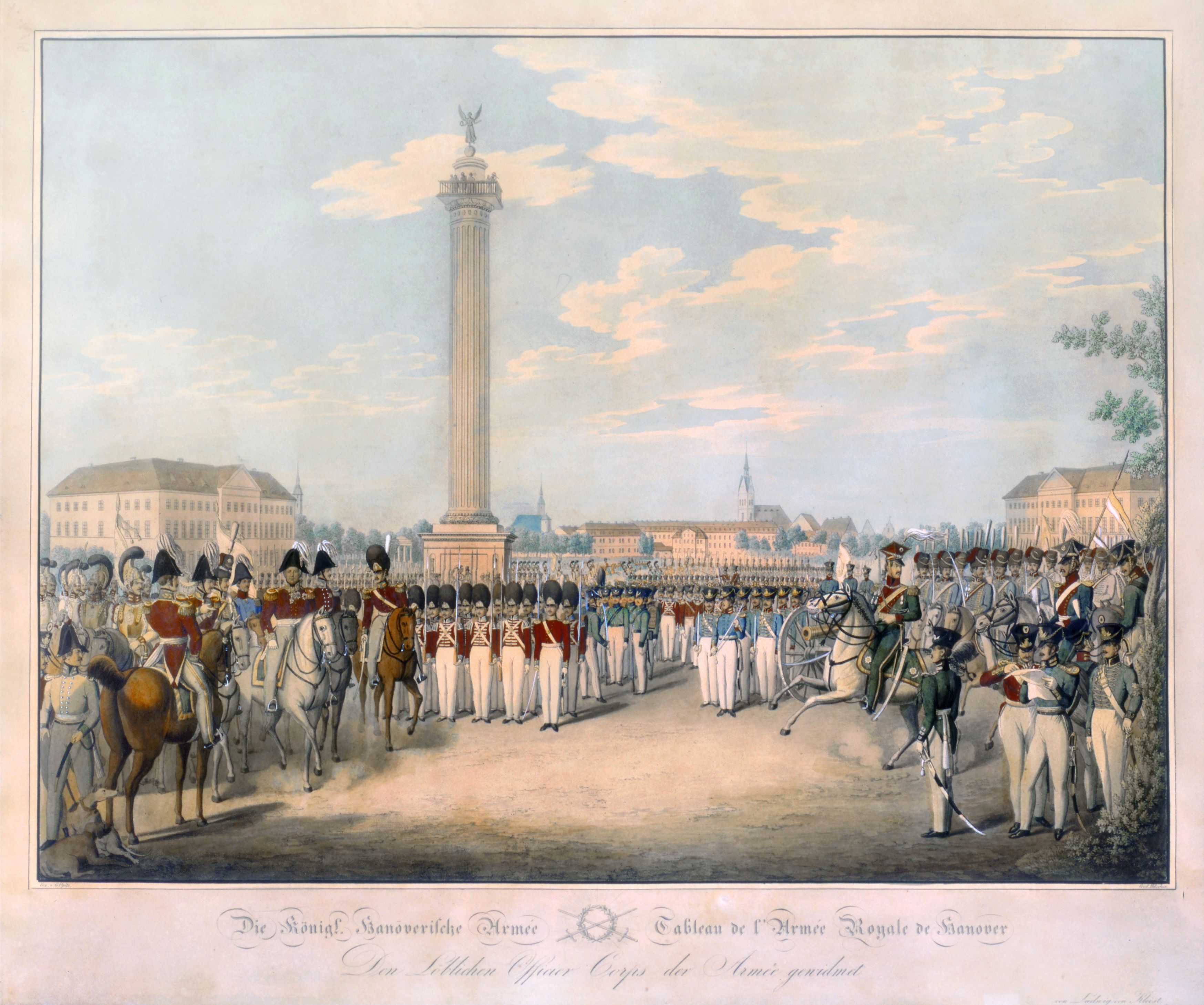 Die Säule dient der Erinnerung an die hannoversche Beteiligung an der Schlacht bei Waterloo und wurde am 18.6.1832 feierlich eingeweiht. Das verantwortliche Komitee Übergab die Säule bei dieser Gelegenheit in die Obhut des hannoverschen Vizekönigs, Adolph Friedrich, Herzog von Cambridge (1774-1850) als Oberkommandeur der bei Waterloo beteiligten Truppen. Die Tafeln am Sockel listen die Namen der 876 Gefallenen dieser Einheit auf.