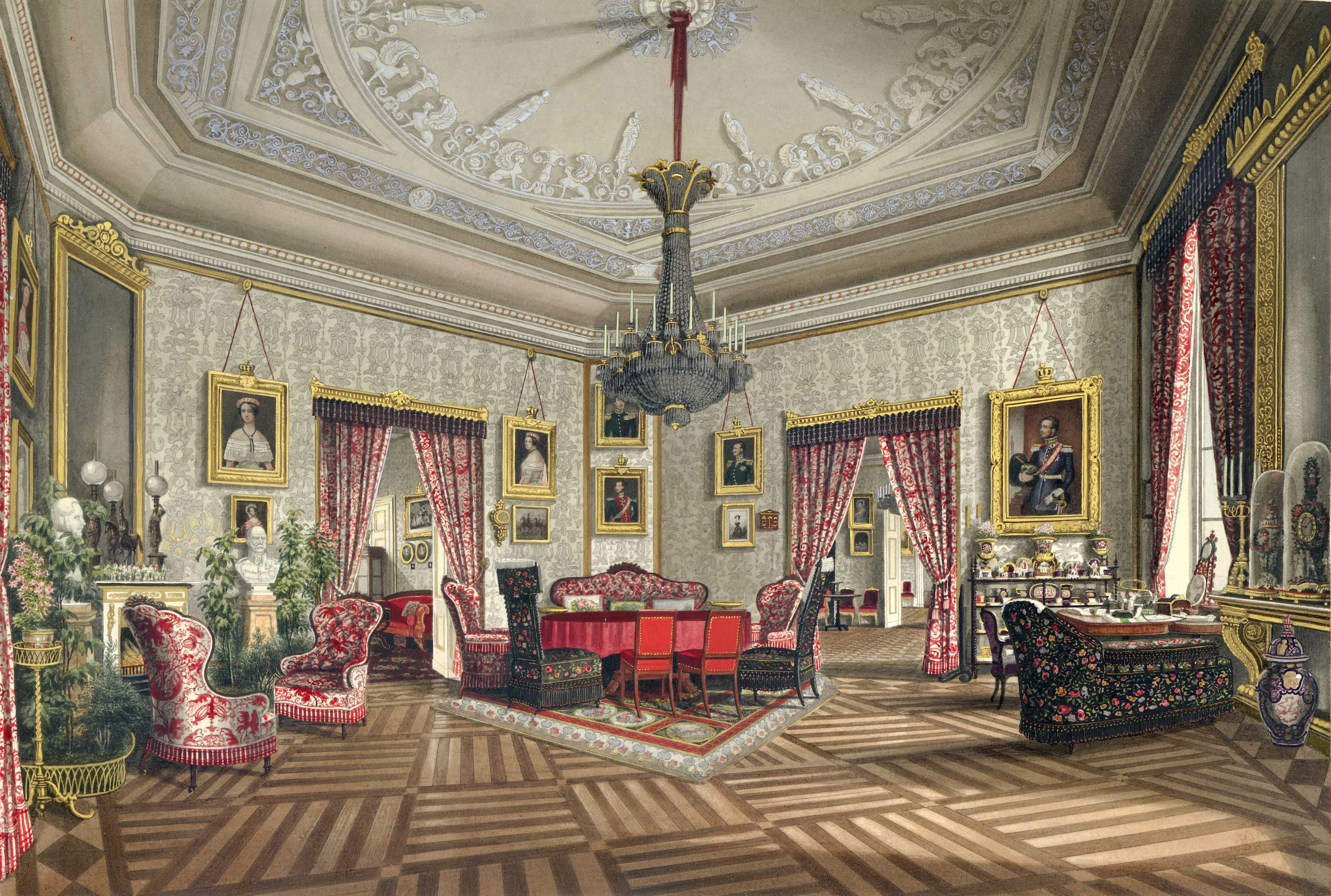 Nach der Krönung Georg V. zum König von Hannover 1851 kaufte die Krone das Palais als Residenz. Die Residenz befand sich damit in unmittelbarer Nähe zum Leineschloss, dem Regierungssitz des Königs. Das Bild stammt aus einem Album der Königin Marie und zeigt das Eckzimmer im Palais, an der Wand finden sich Porträts von Georg V. und Königin Marie.