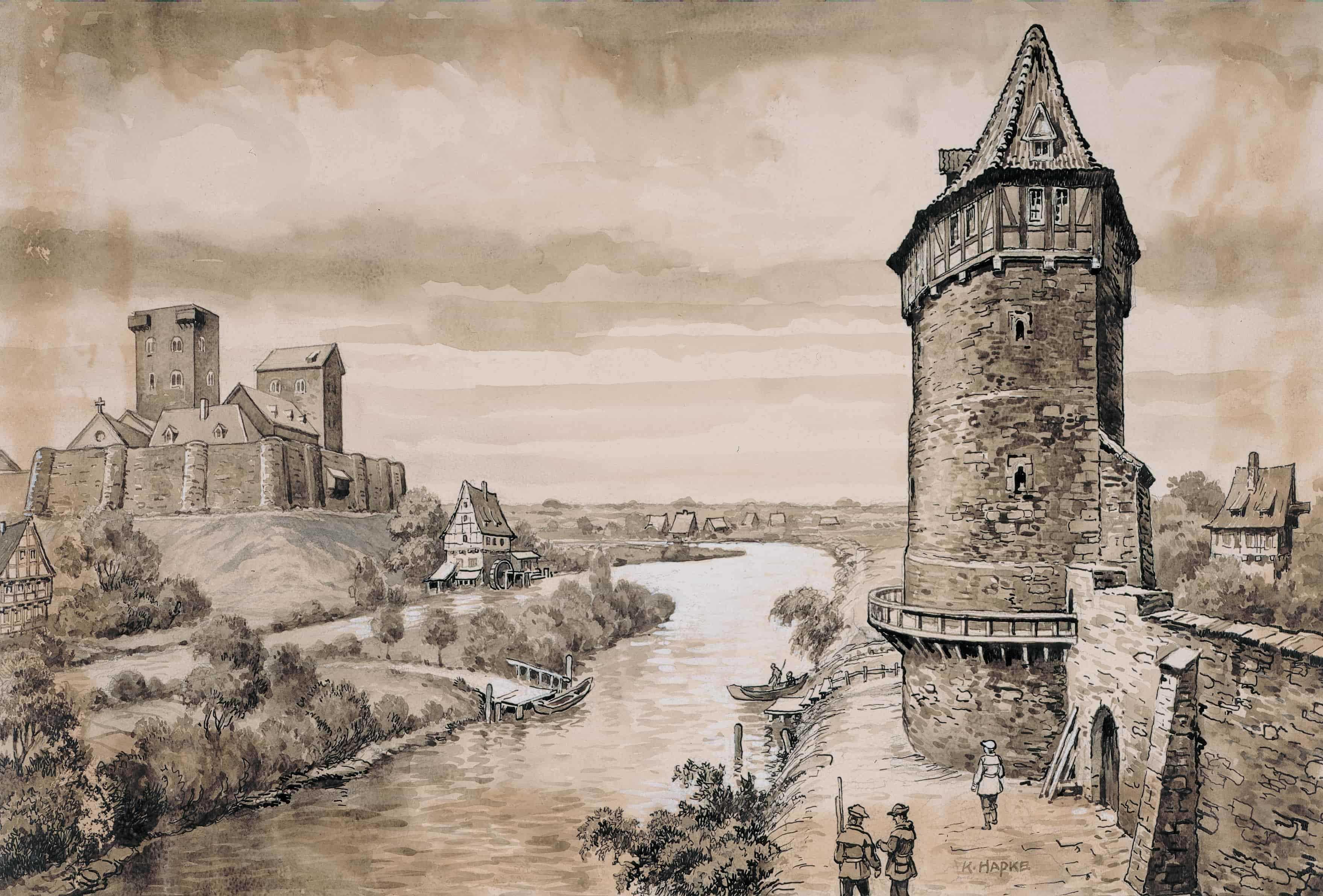 Der Beginenturm wurde 1357 als Teil der Stadtbefestigung errichtet. Der 25 Meter hohe Turm war der größte und mächtigste der Stadtverteidigung. Ihm gegenüber auf der anderen Seite der Leine stand damals die Burg Lauenrode. Seinen Namen hat der Turm von den Beginen – einer klosterähnlichen Gemeinschaft von Frauen – in deren Garten der Turm gebaut wurde.